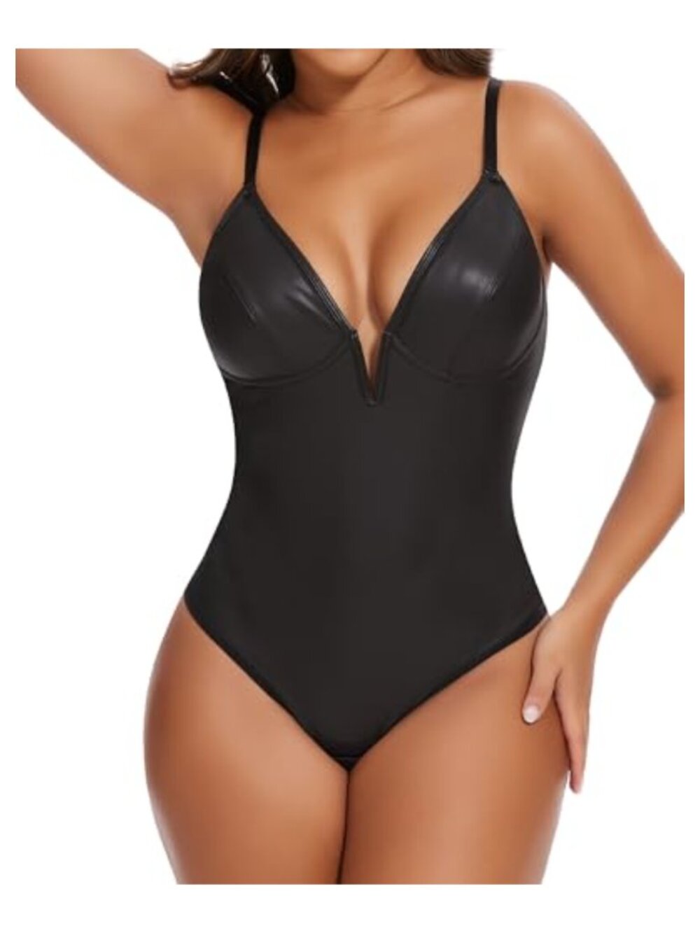 Faux Leather Tummy Control Bodysuit Deep V Neck Backless Shapewear Thong